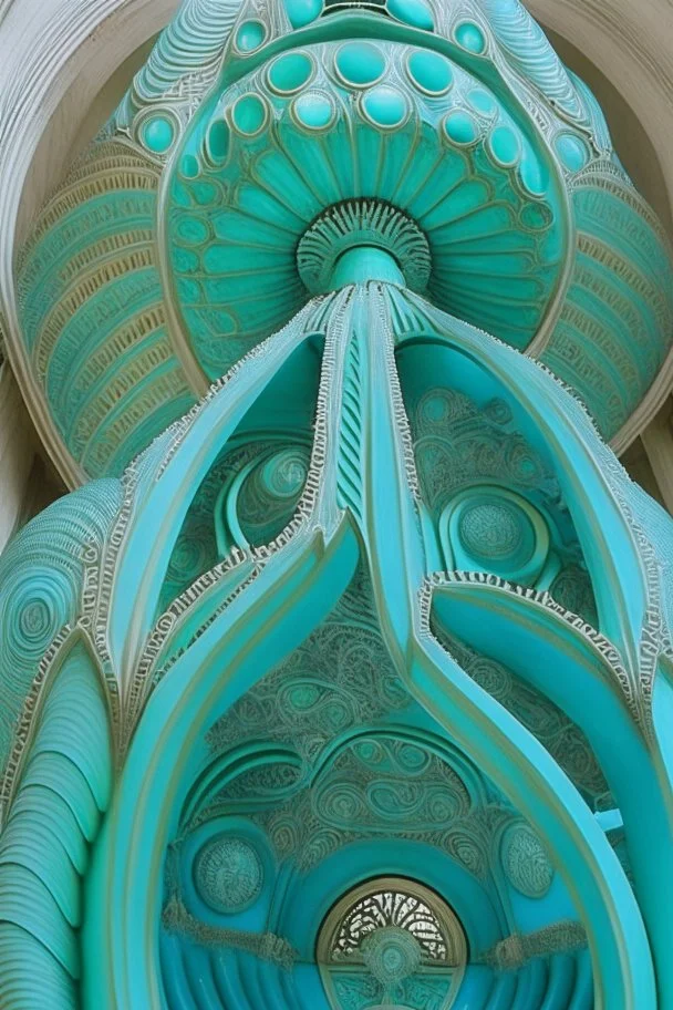 a turquoise cathedral in a vertical Nautilus shell by artist "Dorian Haqmoun"