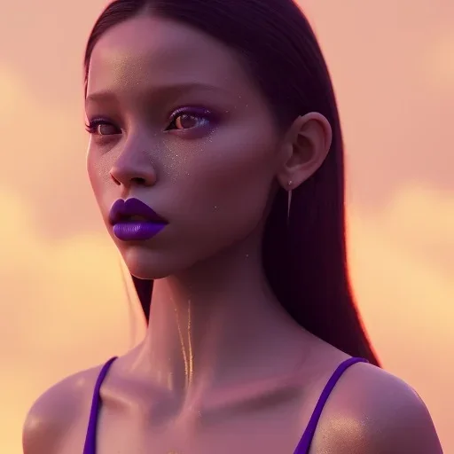 Jenna ortega, Wearing a dark purple lip paired with the soft smoke around her eyes hyper detail, octane render, unreal engine 5, photorealistic, 8k resulation