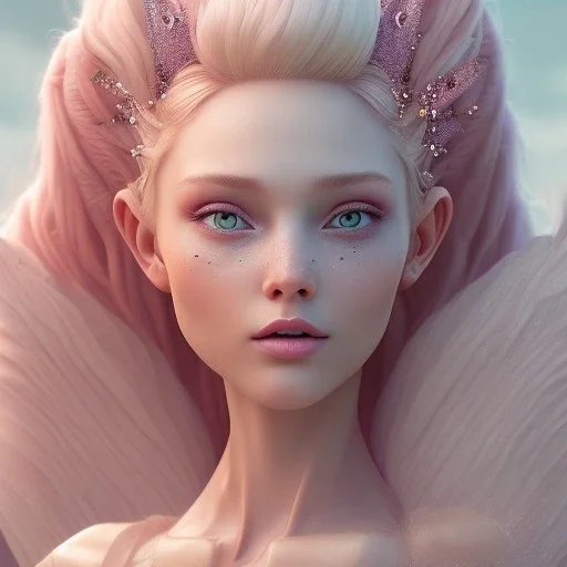 a large pink castle, a cheerful fairy in front, big smile, pink, blonde hair, beautiful, whole face, whole top hair head, wide open blue eyes, transparent wings onn the back, hyperrealism, masterpiece, expert, cinematic lighting, sharp focus, 8K, pastel, macro lens, woman, detailed, flower