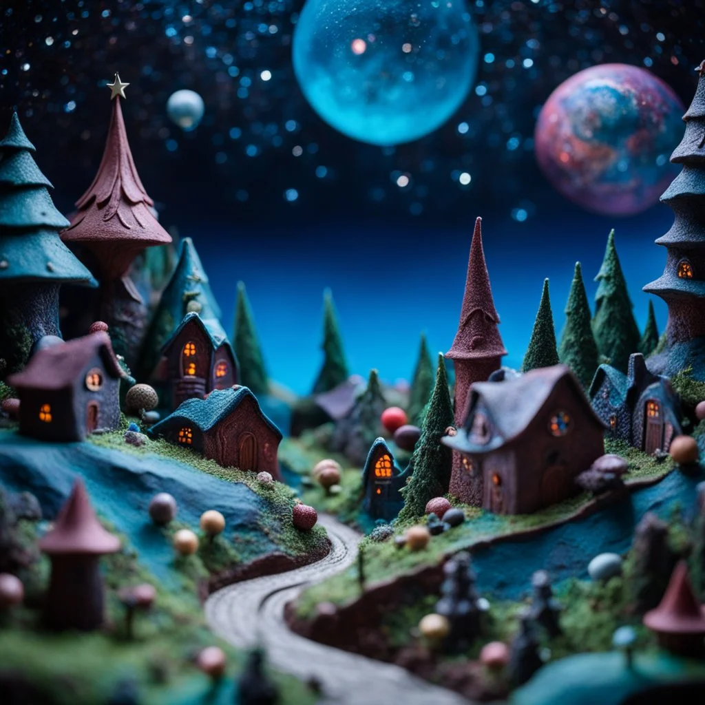 Detailed creepy landscape made of modeling clay, fairy tale, people, village, stars and planets, Roger Dean, naïve, Tim Burton, strong texture, Ernst Haekel, extreme detail, Max Ernst, decal, rich moody colors, sparkles, bokeh