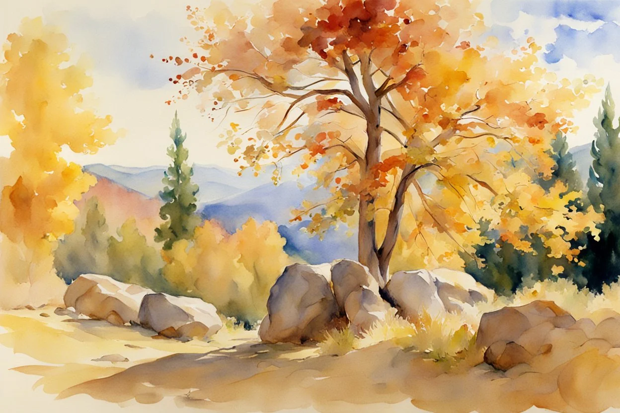 Sunny day, autumn trees, rocks, fantasy, mountains, epic, john singer sargent watercolor paintings