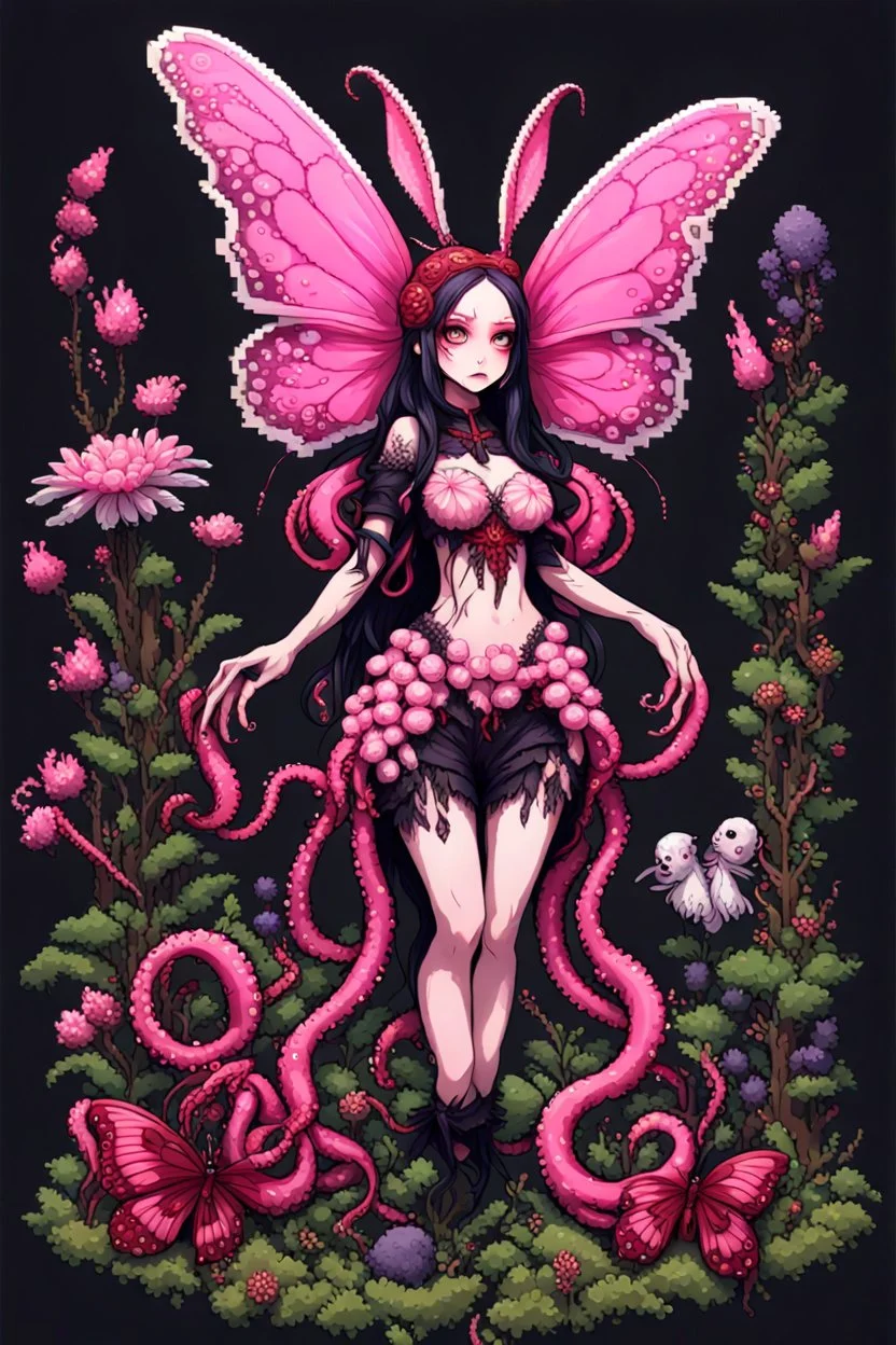 8bits, pixel art, butterfly, highly detailed, pink, rabbit, blood, scythe, goth woman, leaning pose, full body, squid, intricate detail , plants, wildflower, nest, octopus, fly,Demon girl, creepy, horrifying, sinister, sparks out her mind, fullbody, rare pose, terrario with universe in, high lighting, intricate,sparks around,enchanted girl with cyberkatana,darkred slime Goth girl,