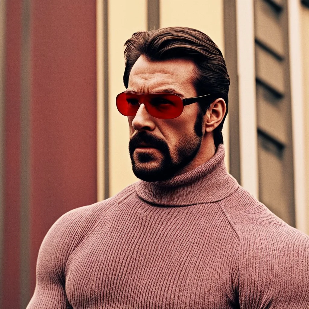 a young man with big muscles who looks like hans gruber wearing a turtleneck and red sunglasses staring with an angry look on his face