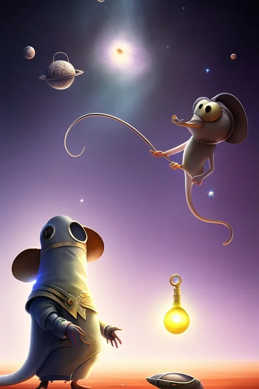 The Plague Doctor and a Mouse happily lost in the milky way attracted by mutual appreciation of their artistic desires in Outer Space, art by Pixar