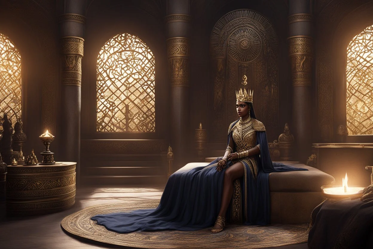 [scene by R E Howard] the queen of Khauran in the sorcery realm of Stygia, she has light dark skin and wears up in her luxury bedroom, a dagger in her hand