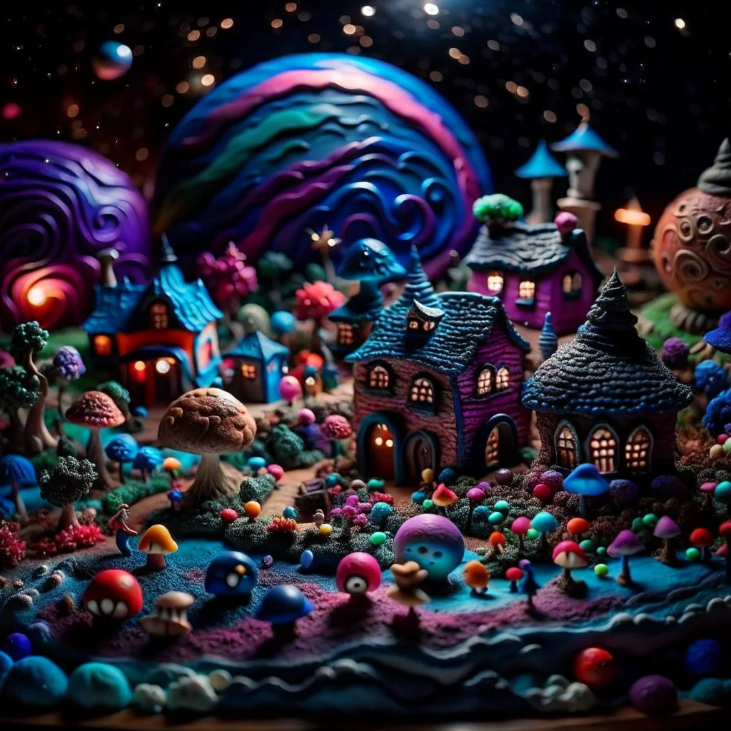 Detailed creepy landscape made of modeling clay, stars and planets, village, flower, Tim Burton, strong texture, Harry Potter, extreme detail, decal, rich moody colors, sparkles, bokeh, odd