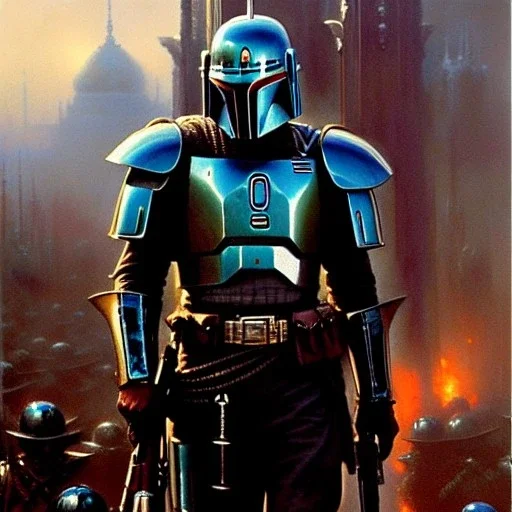 Jango Fett helmet, ancient metal helmet ,painting by gaston bussiere, greg rutkowski, yoji shinkawa, yoshitaka amano, tsutomu nihei, donato giancola, tim hildebrandt, oil on canvas, cinematic composition, extreme detail,fit full head inside picture, smooth colors