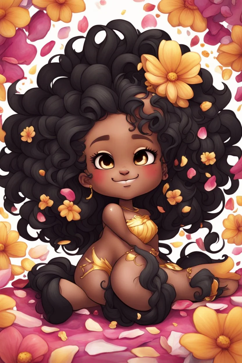 A sassy thick-lined airbrushed cartoon black chibi girl lounging lazily on her side, surrounded by flower petals. She has a golden lion tail curling playfully behind her curvy body. Looking up coyly, she grins widely, showing sharp lion teeth. Her poofy hair forms a mane framing her confident, regal expression.