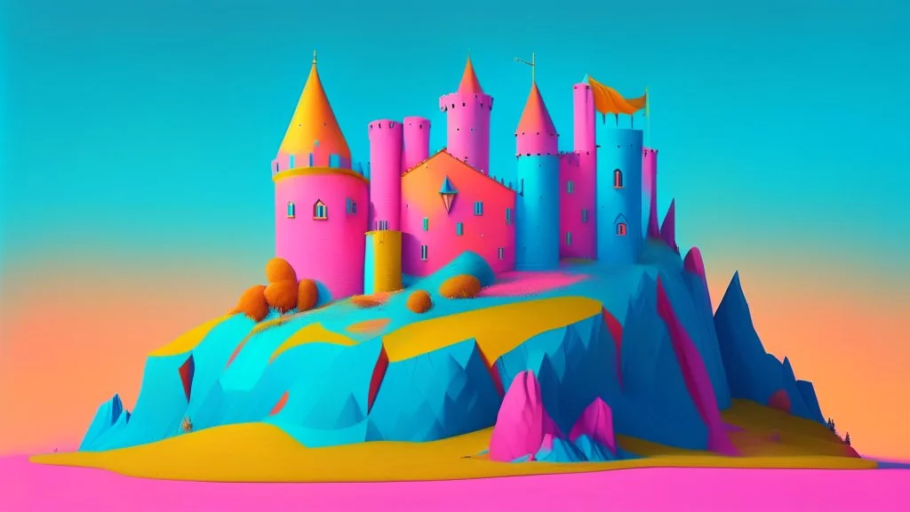 Pink, orange, yellow, dark blue and aqua blue castle on a hill