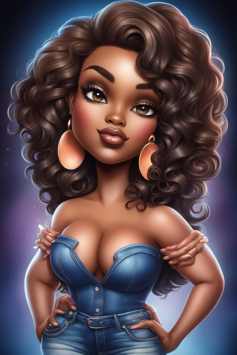 create an airbrush illustration of a chibi cartoon curvy black female wearing Tight blue jeans and a peach off the shoulder blouse. Prominent make up with long lashes and hazel eyes. She is wearing brown feather earrings. Highly detailed long black shiny wavy hair that's flowing to the side. Background of a night club.