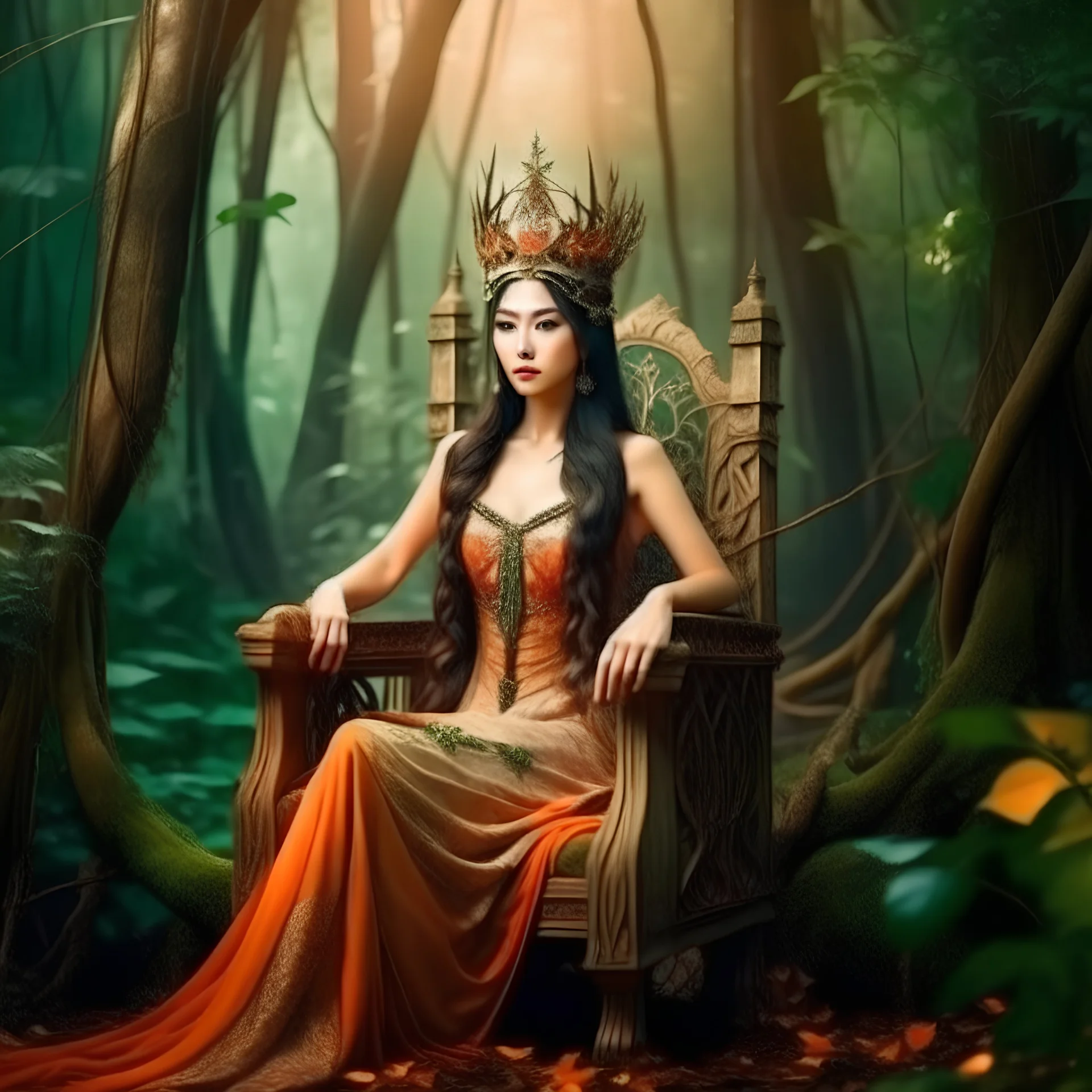 A beautiful as a model asian woodland elf princess seated on a throne in a mystical forest