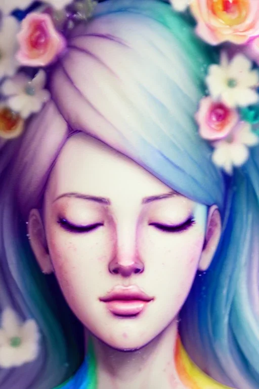 a woman, side profile, closed eyes, white hair, pastell, watercolor splash, white dress, rainbow flowers, in the style of Camilla d'Errico, hyper detailed, beautiful, complex, trending on artstation, cryengine, national geographic photo, chiaroscuro