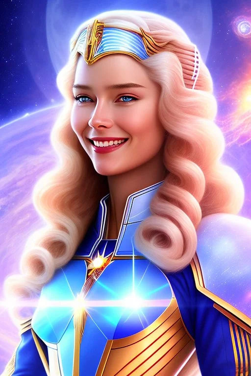 young cosmic woman smile, admiral from the future, one fine whole face, large cosmic forehead, crystalline skin, expressive blue eyes, blue hair, smiling lips, very nice smile, costume pleiadian,rainbow ufo Beautiful tall woman Galactic commander, ship, perfect datailed golden galactic suit, high rank, long hair, hand whit five perfect detailed finger, amazing big blue eyes, smilling mouth, high drfinition lips, cosmic happiness, bright colors, blue, pink, gold, jewels, realistic