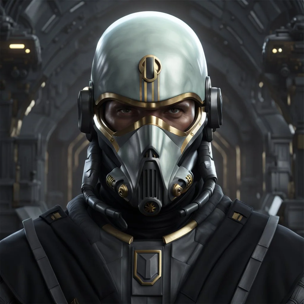 star wars bald male corellian pilot wearing pearlescent black and gunmetal grey First Order special forces heavy assault stealth commando armor and helmet with gold trim inside the jedi temple, hyperdetailed, dynamic lighting, hyperdetailed background, 8k resolution, volumetric lighting, light skin, fully symmetric details