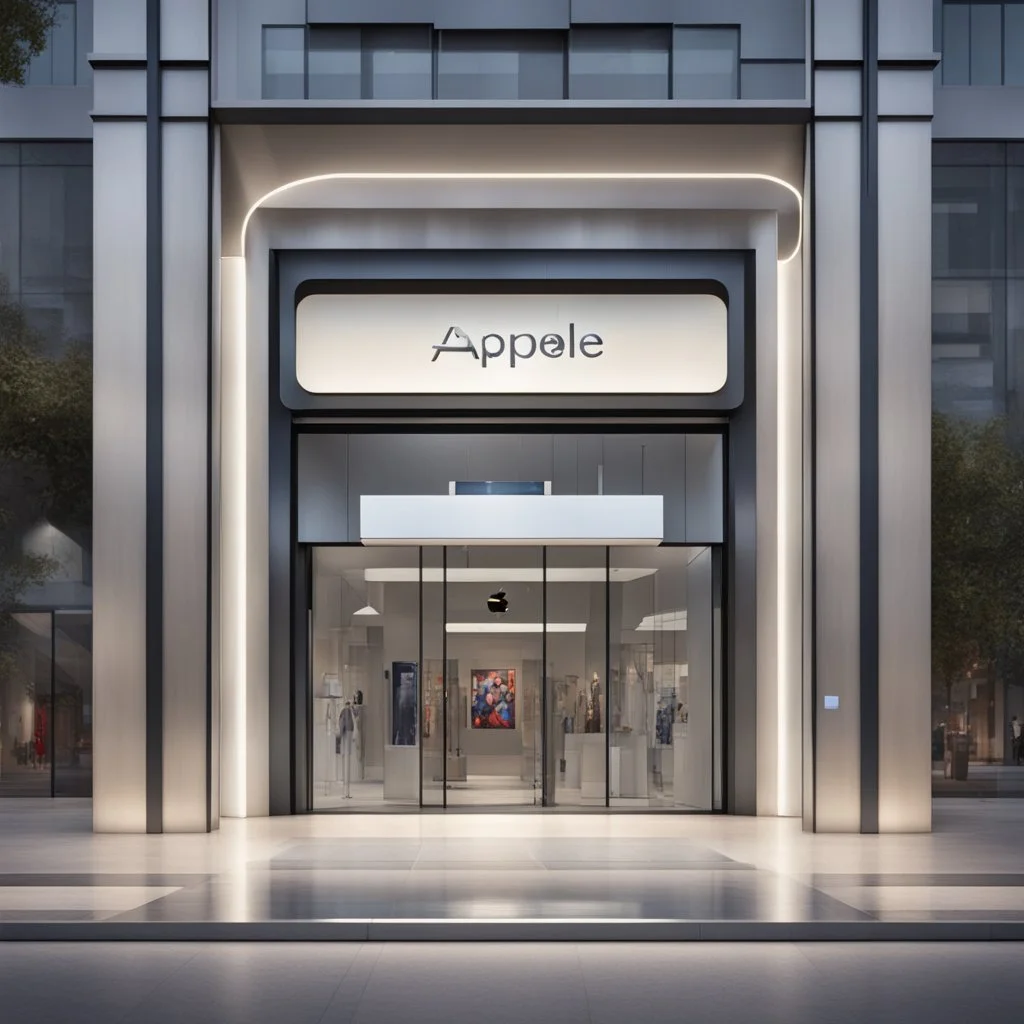 dramatic store entranceway that is shaped like a cell phone, "Apple Store" sign above doorway, Apple Logo in window, dramatic modernist architecture, stylish, hyperrealistic, photoreal, HD, magic realism