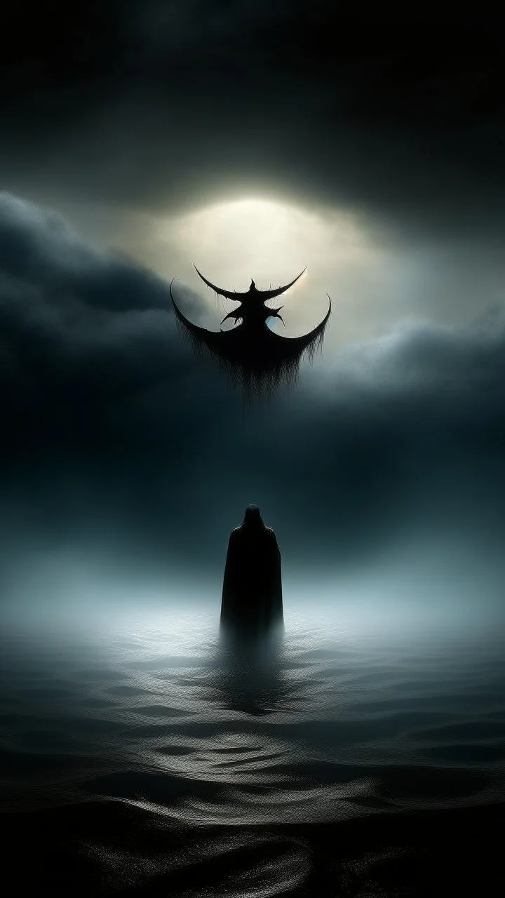 Mourning in dephts of ocean , a halo shadowed figure with a smoky clouds and black bats in dark gloomy foggy background with very small dem light