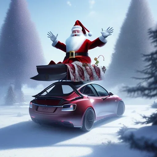 Santa claus driving his red Tesla convertible car, character design by cory loftis, fenghua zhong, ryohei hase, ismail inceoglu and ruan jia. unreal engine 5, artistic lighting, highly detailed, photorealistic, fantasy