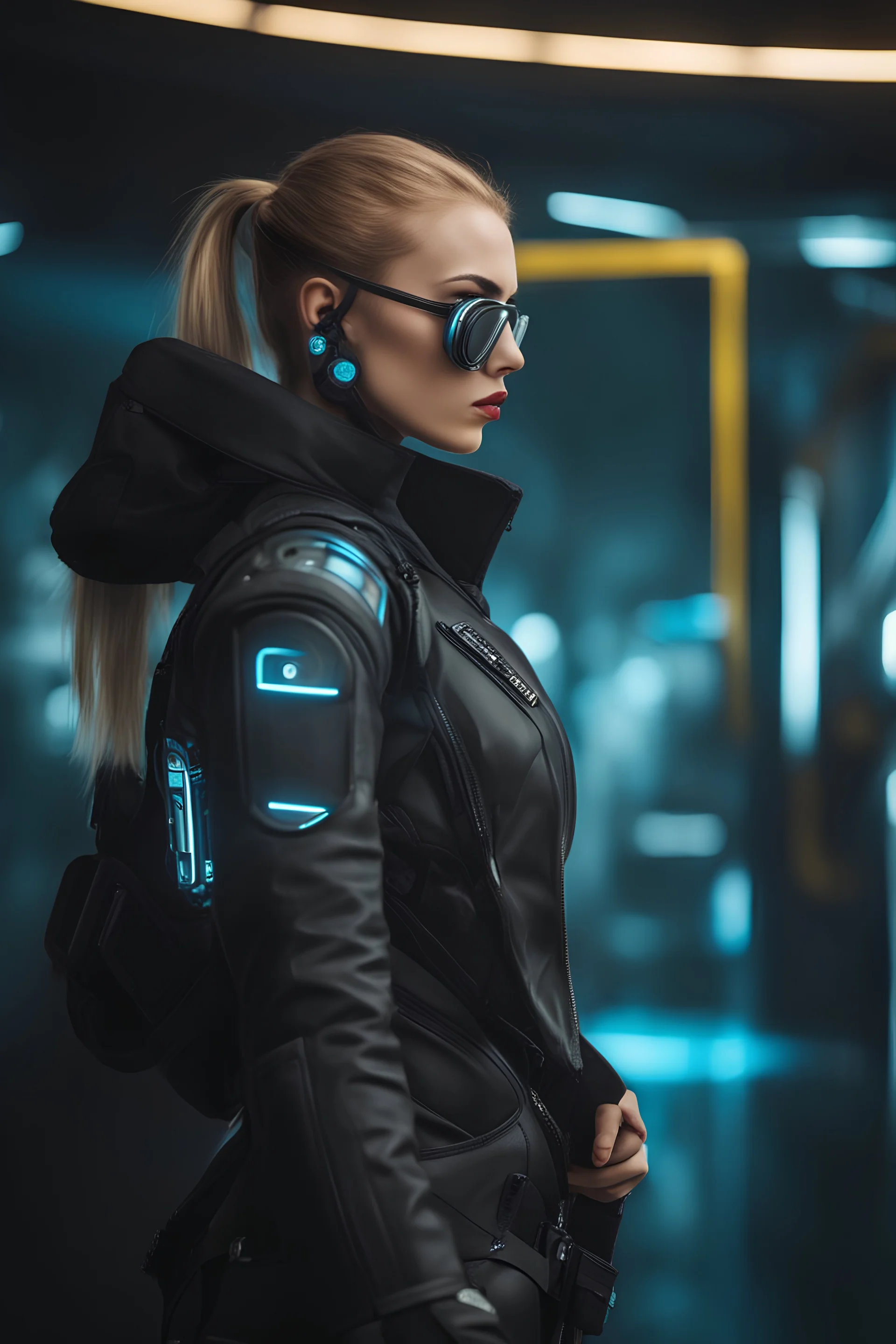 Ultra realistic photo of a sci-fi cyberpunk girl. High-tech futuristic woman from the future. The concept of virtual reality and cyberpunk. , futuristic style, HOF, captured with professional DSLR camera,64k, ultra detailed,