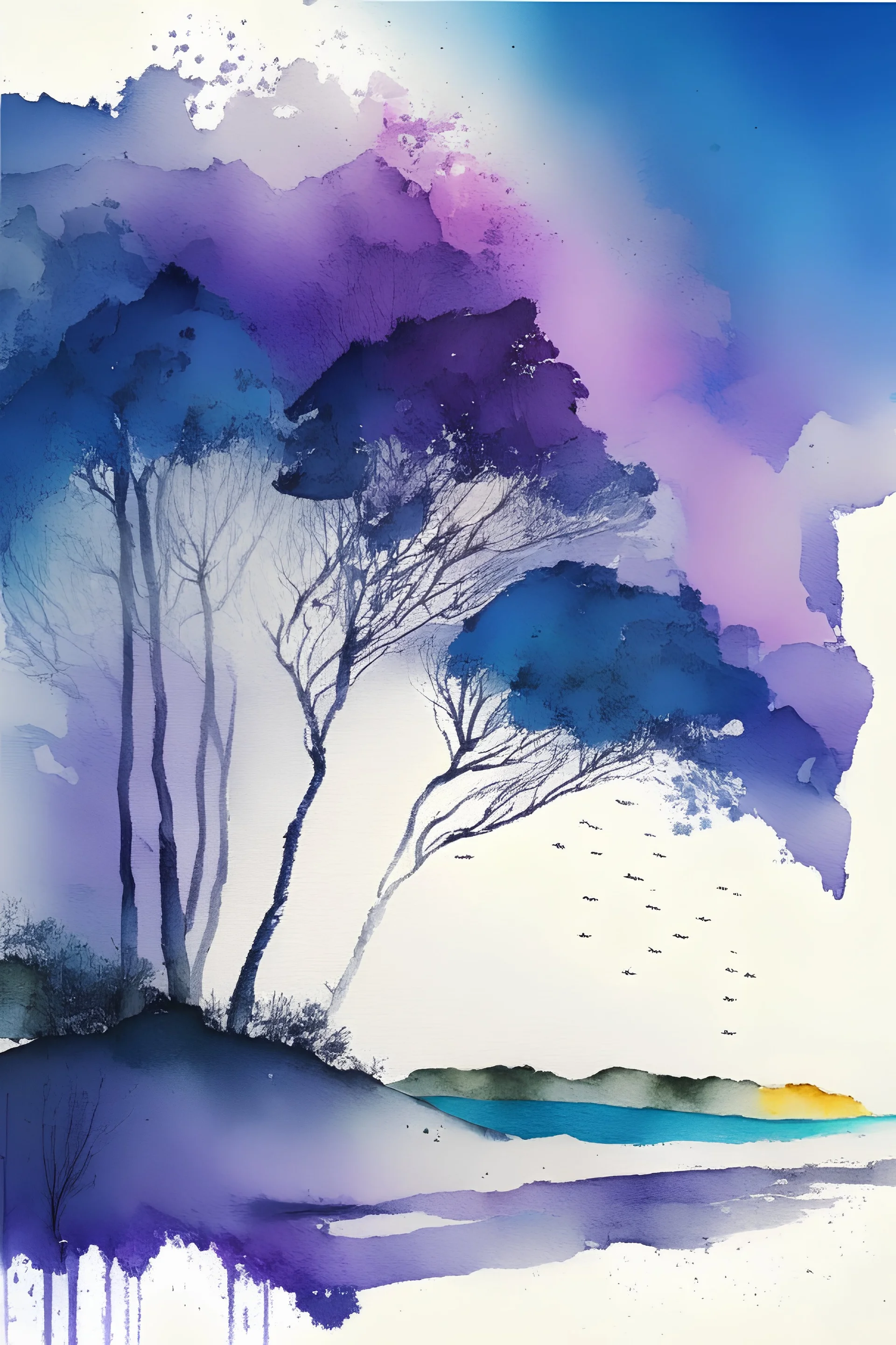 the middle of the sand surrounded by trees on all sides and a colorful sky. In blue, purple and gray perfect design style digital art and watercolor blue background --ar 2:3