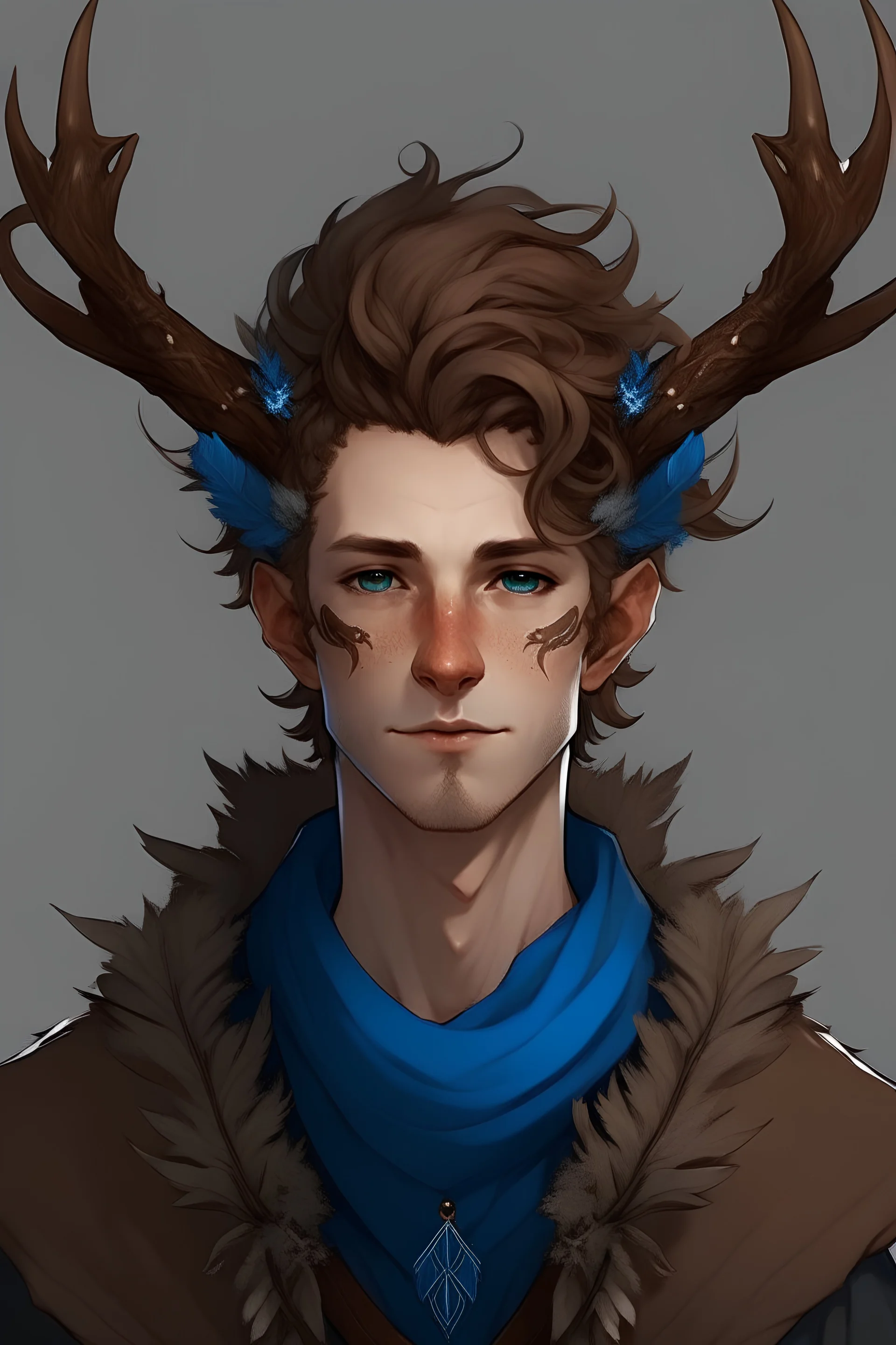 Male druid human brown hair small spikes 20s first years antler growth. Blue scale mail