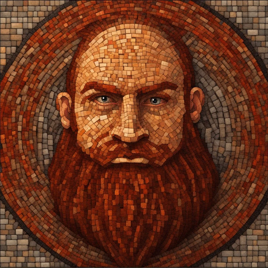 picture made of mosaic tiles in a style of medieval mosaic, Dnd, fantasy, portrait, only face, dwarf, blacksmith, kind, hearthy, red hair, braided beard