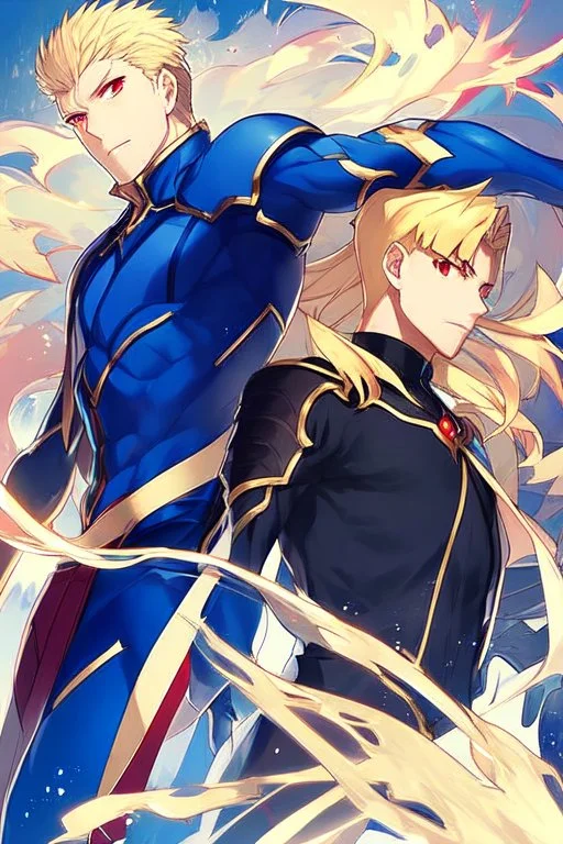 Gilgamesh from Fate Stay Night, blond hair, red eyes, male, wild look in his eyes