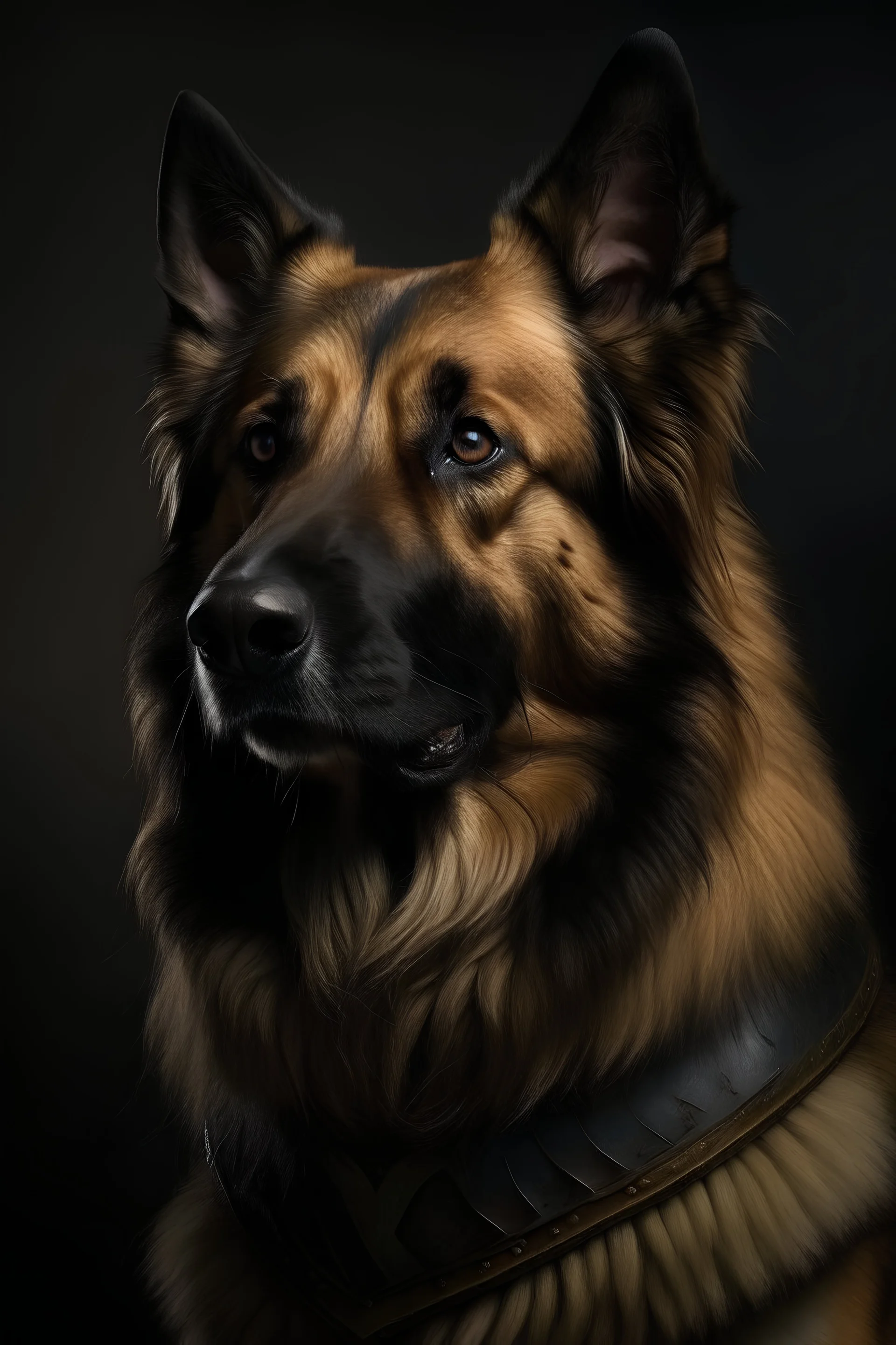 Portrait of belgian shepherd tervueren in heavy armor