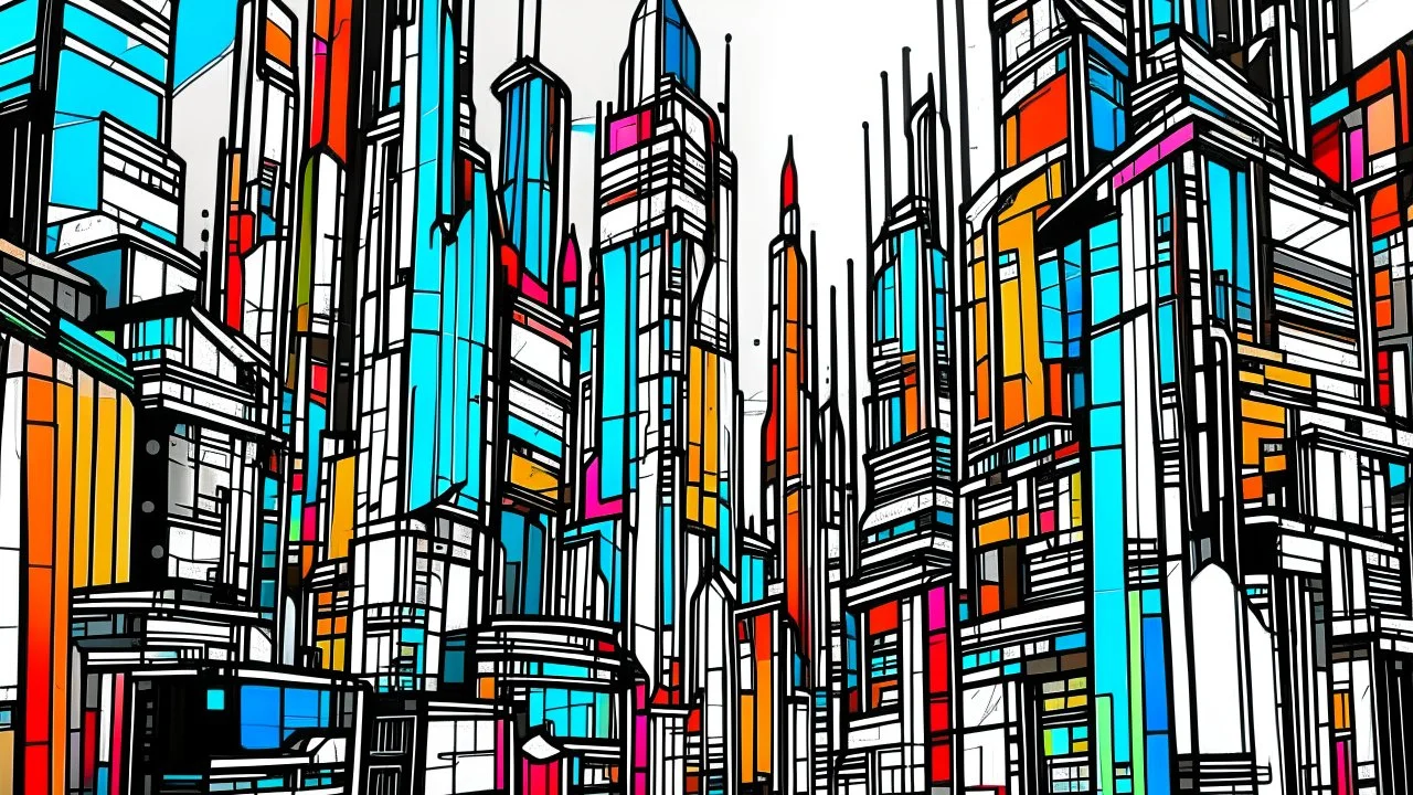 "A bold and unique ink drawing of a futuristic cityscape, with sharp lines and vibrant colors."
