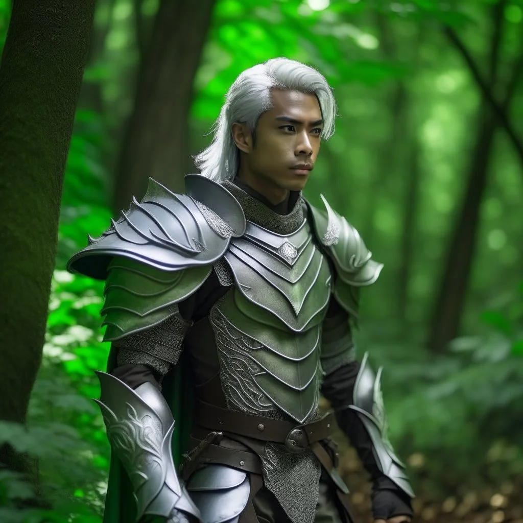 Please create an image for a young elven male with light brown skin, silver hair, and green eyes. He is standing outside in the forest during springtime, wearing leather armor. He is accompanied by a walking suit of armor
