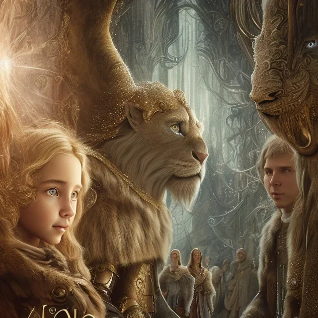 Chronicles of Narnia, Aslan and Lucy, movie poster, C.S. Lewis, 8k resolution, high-quality, fine-detail, iridescent, intricate, digital art, detailed matte, volumetric lighting, beautiful, illustration, 3D octane render, brian froud, howard lyon, selina french, anna dittmann, annie stokes, lisa parker, greg rutowski,