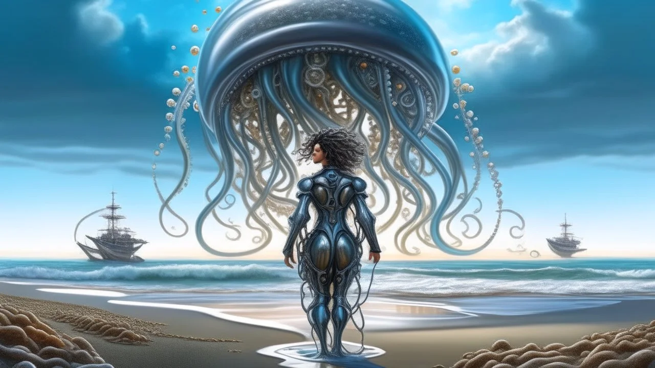 Wide-angle shot of a woman, standing to one side on a beach with huge waves, with dark hair in a silver robotic catsuit, many large jellyfish shaped like mushrooms with tentacles floating in the air, masterpiece, best quality, super detailed