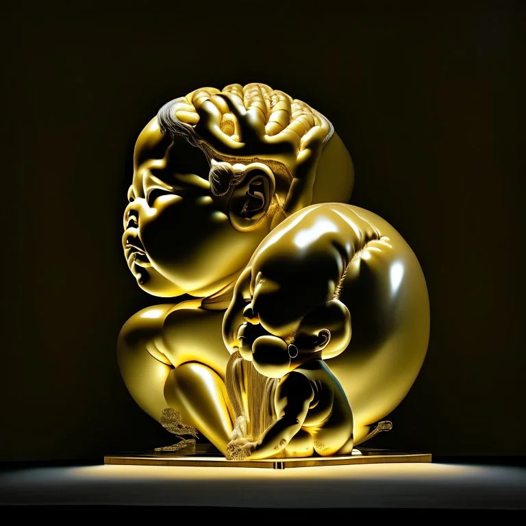 a huge golden inflated sculpture of brain supported by very small beautiful Asian female human bodies,complex surgical instruments,a newborn boy between light and shadow, black background,surrealism, symbolism, minimalism, sculpture by Lucian Freud, Rene Magritte, Salvador Dali