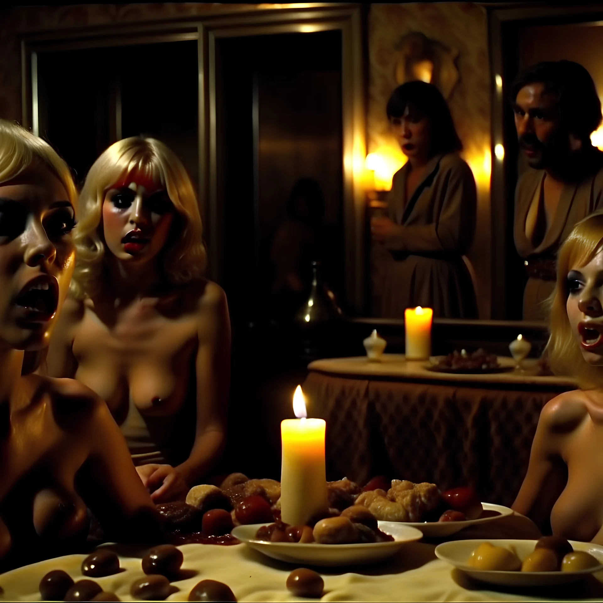 Horror movie shot, spooky, hot, ultra realistic, dine, horns, ultra realistic hot blonde women, year-end party, pieces of meat, organs, hot, ail, dynamic, hot, very excited people, hypermaximalist figures, light, 1970's Italian horror movie, sinister,, Dario Argento, Stanley Kubrik, ornate, 4k, photorealism