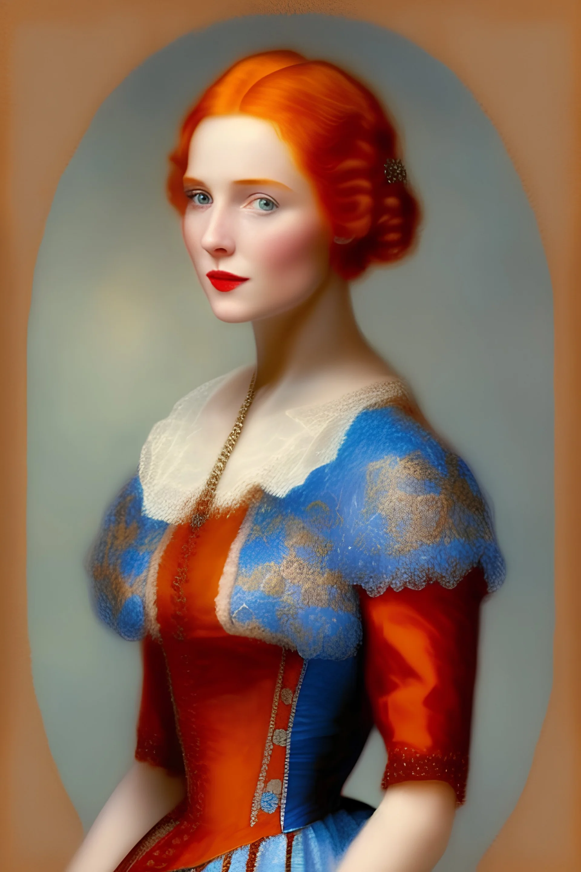 A beautiful, woman (early 20’s, red haired) wearing a blue colonial dress.