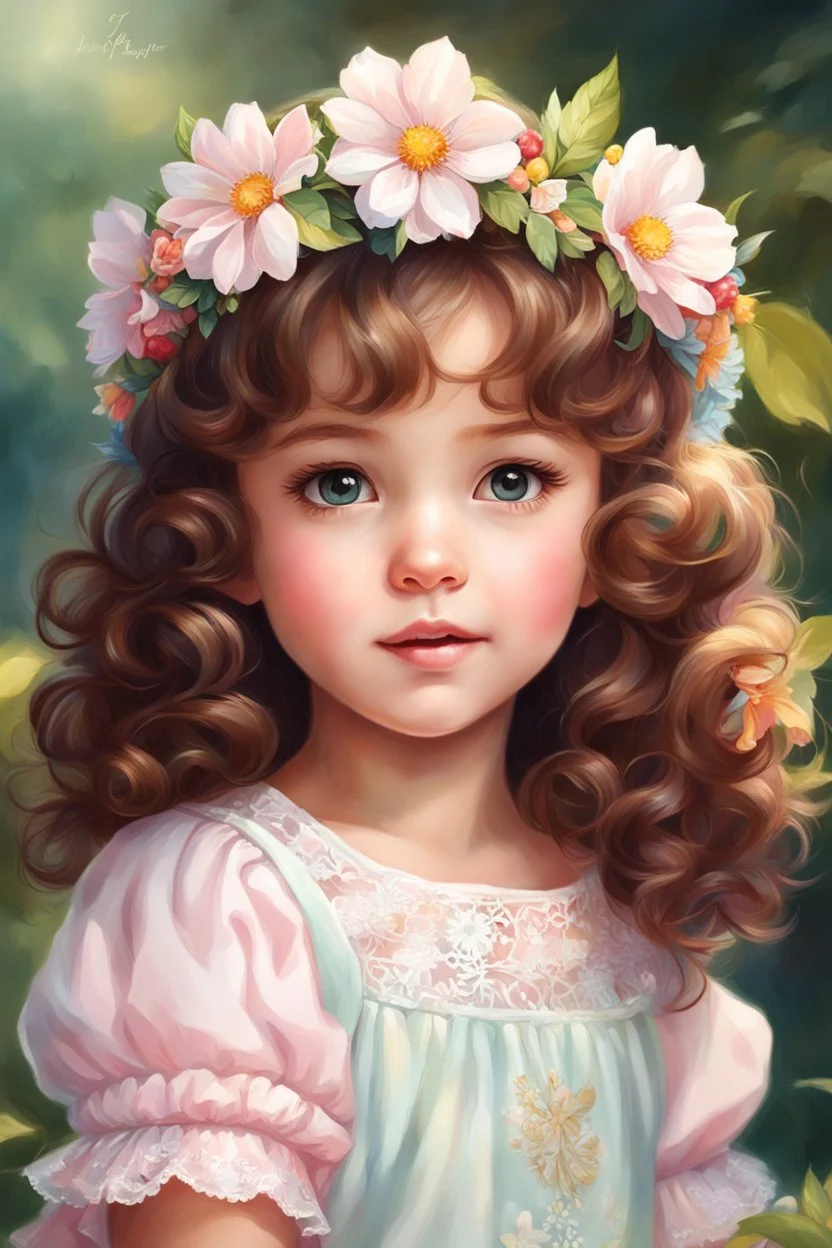 a painting of a little girl with a flower crown on her head, curly brown hair, portrait of Shirley Temple, realistic cute girl painting, realistic anime style at pixiv, kawaii realistic portrait, realistic anime art style, realistic anime artstyle, fairy cgsociety, carlos ortega elizalde, realistic anime 3 d style, detailed portrait of anime girl, semirealistic anime style, photorealistic anime girl render