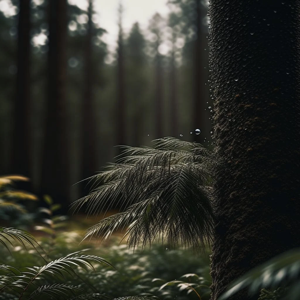 a dramatic scene in a dense forest with A FIR BRUNCH under the rain. The background should feature raindrops falling around the leaves.