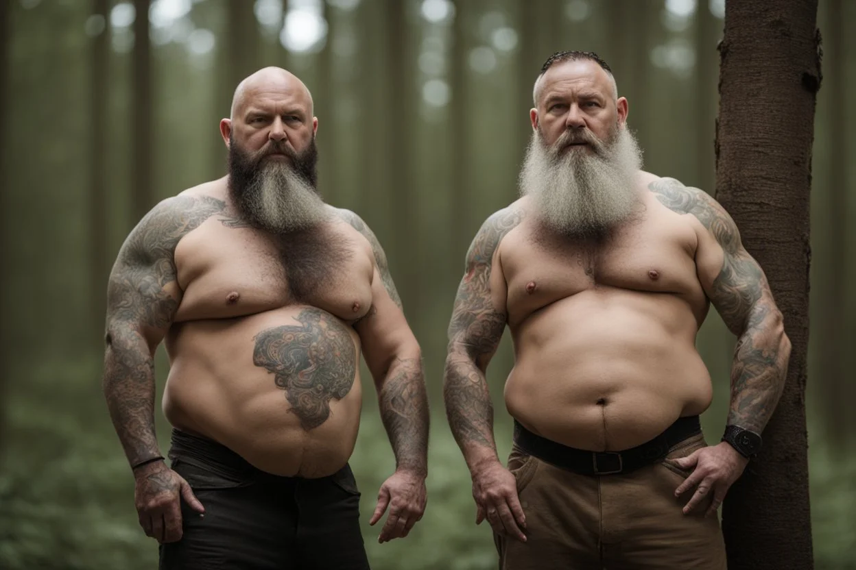 full body two men 50 years old woodcutter in boxer muscular chubby hairy shirtless with many tattooes with a huge bulge , body, long beard, wood background,High detail, very detailed, ultra HD, 8k, cinematic