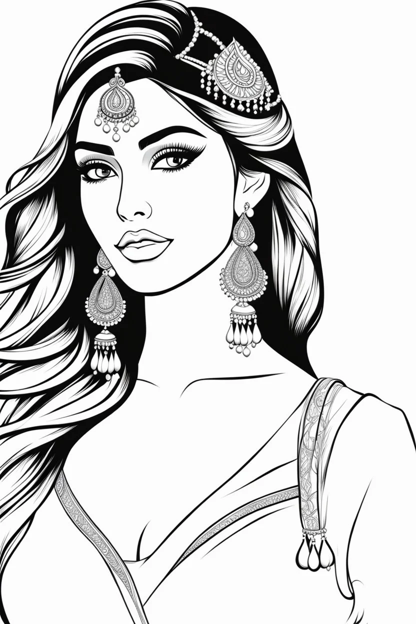 coloring page for adults of fashion model wearing hindi dress, thick and clear lines hair, full body portrait, style clean coloring page for adults, cartoon style, clean line art high detailed, white background, coloring book style, 8k, no-shading, thick lines hair, no-grayscale, lines hair