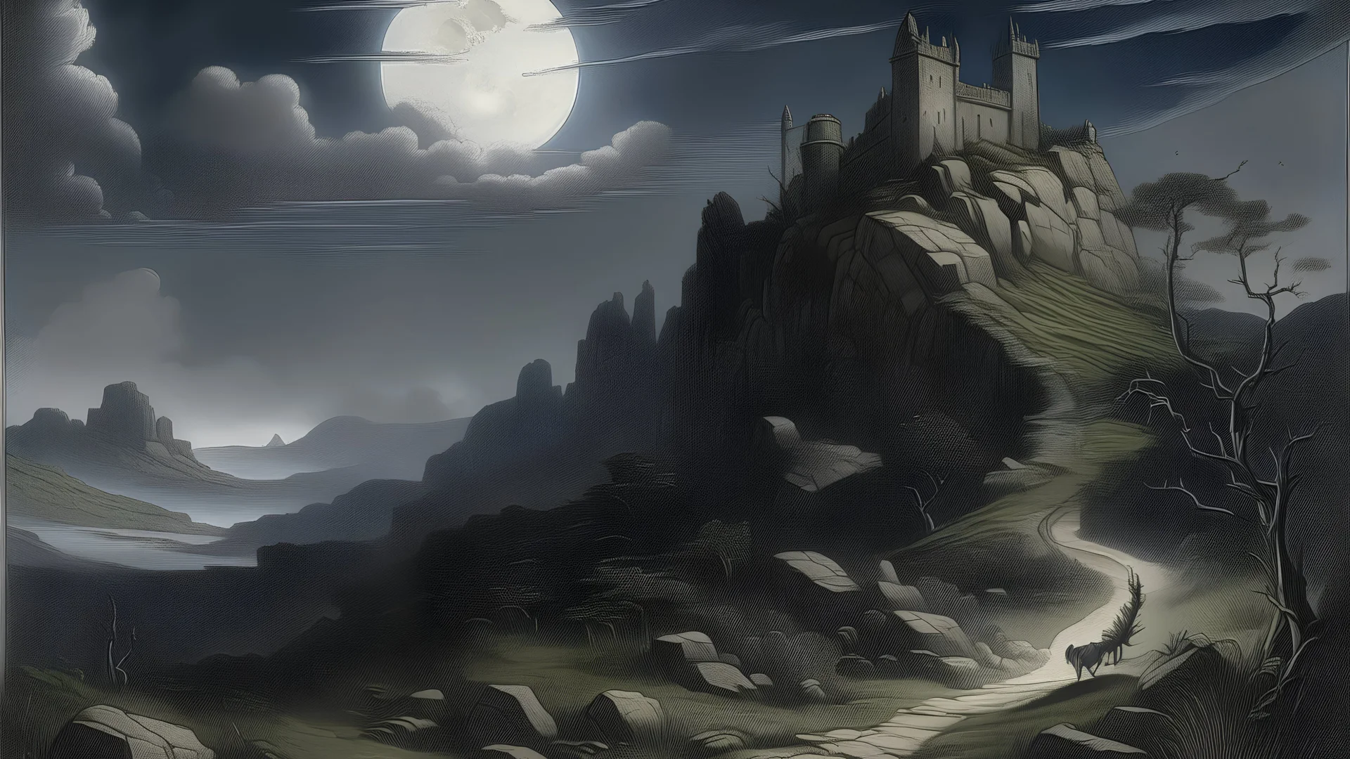 Midnight; a winding cart-track on a steep mountainside leads to a ruined fifteenth-century castle on a rocky promontory; moon visible through breaks on clouds