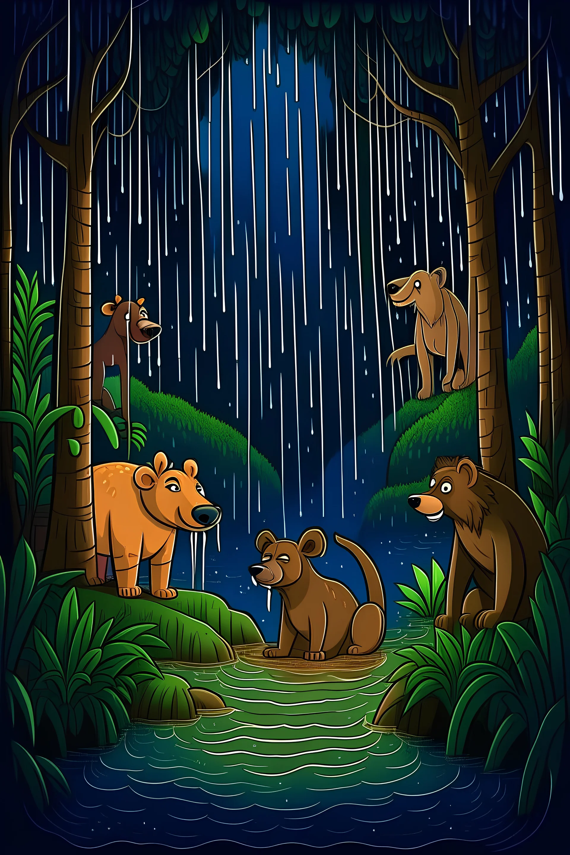 In night the jungle got flooded, and all animal were scared