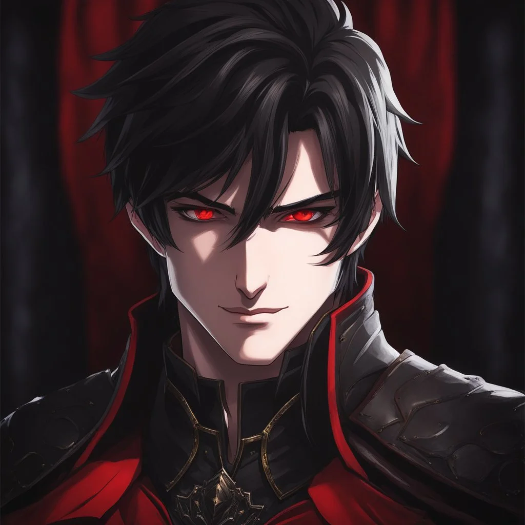 A headshot of a smirking, handsome, male medieval villain in his late 20's, he radiates raw dark power, wearing red and black leather fantasy armor, anime style, dark medieval background, intricately detailed