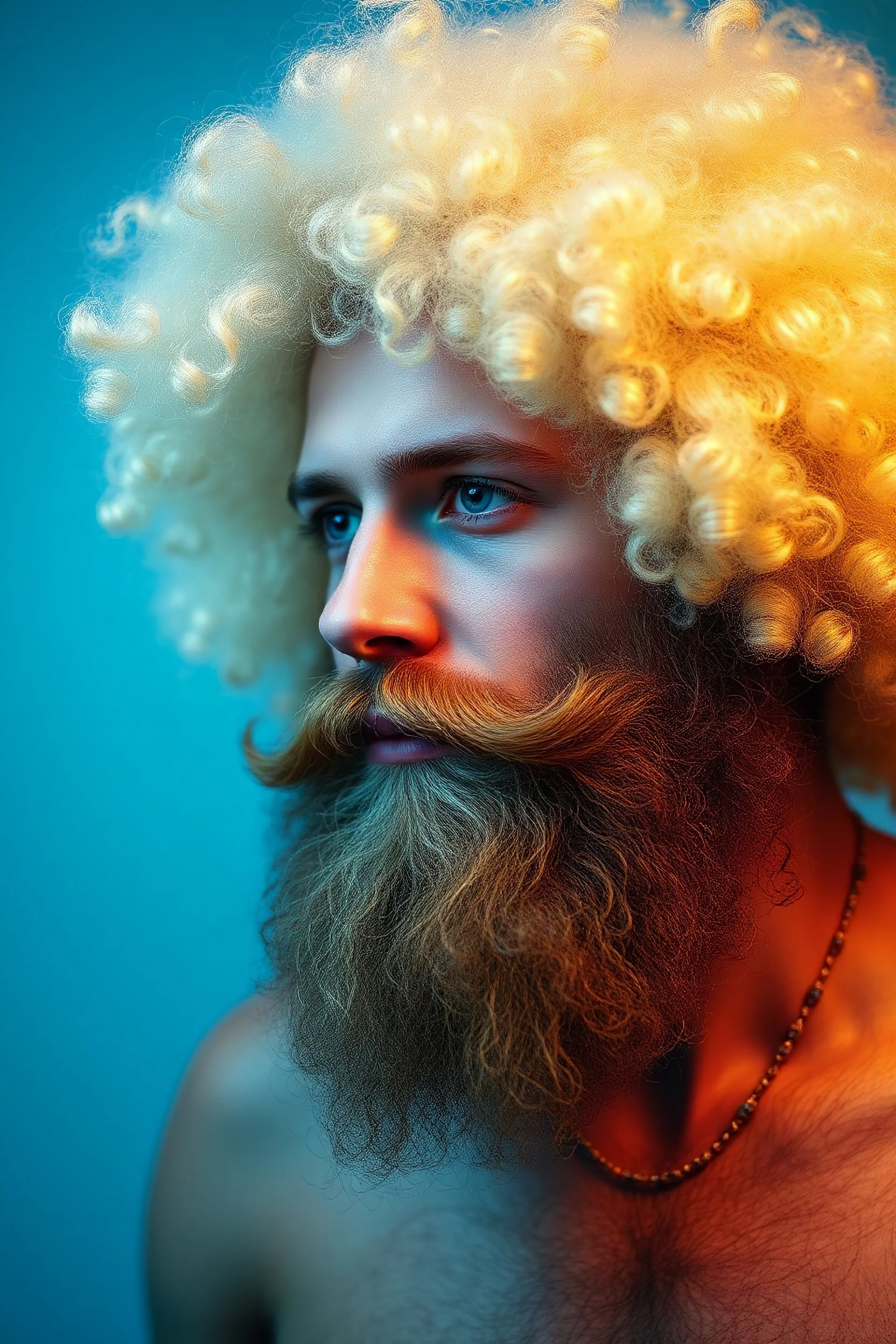 Young white man with a really really big blonde afro and a very big and bushy beard