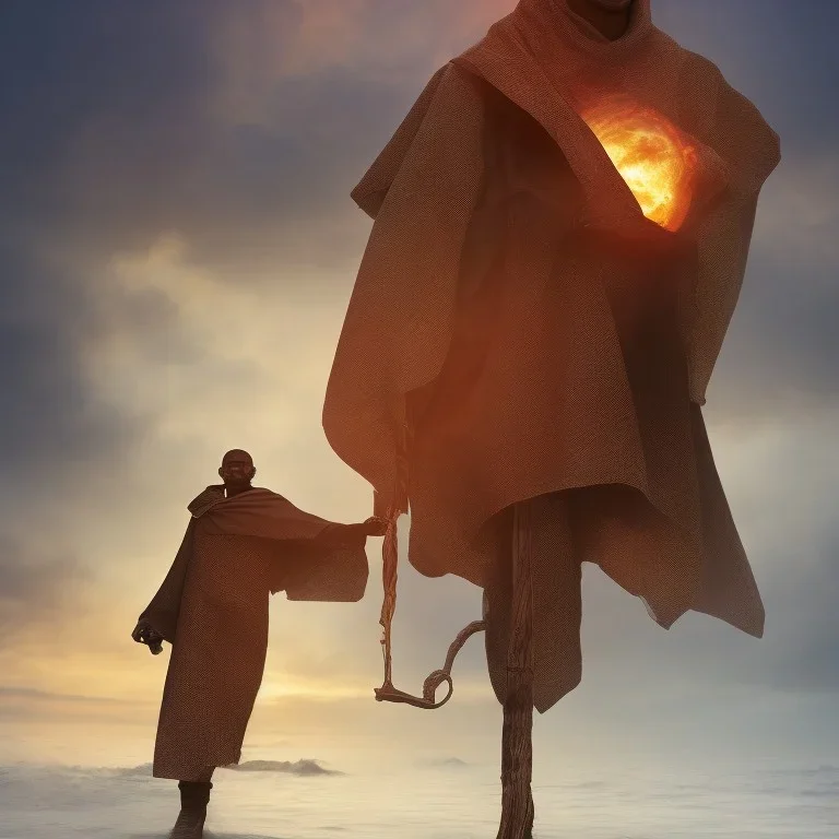 dungeons and dragons, monk, black, african, portrait, face, close up, cloak, clothes, cape, brown fabric, sunset, red sun, single person, red sky, hood, only face