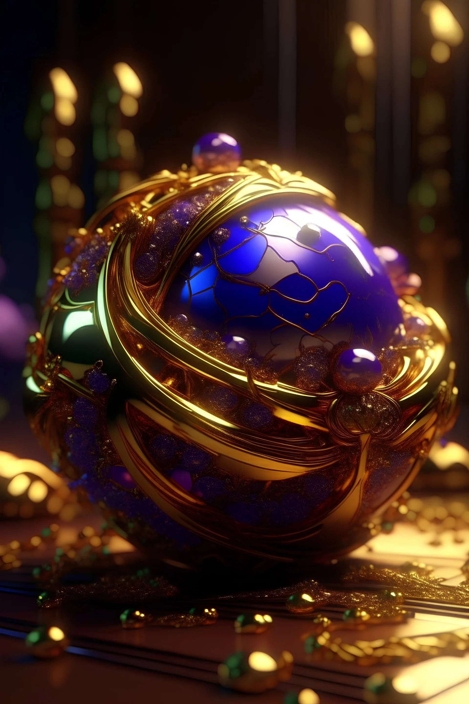 a purple and gold ball with jewels on it, a 3D render by Victor Nizovtsev, behance contest winner, new sculpture, rendered in cinema4d, rendered in maya, vray tracing