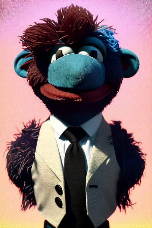 Waist up muppet Portrait, Vladimir Putin as muppet doll, Black suit, photo studio, blue background, unreal engine 5, concept art, art station, god lights, ray tracing, RTX, lumen lighting, ultra detail, volumetric lighting, 3d.