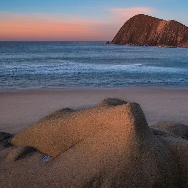 Morro rock at sunset with a few clouds in the sky