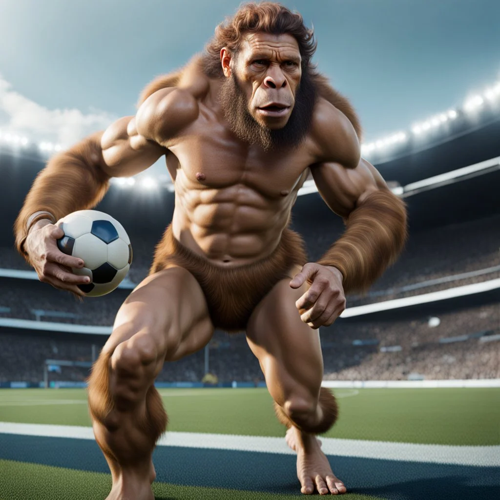 Neandertal jugando fútbol con traje deportivo ultra detallado 8k