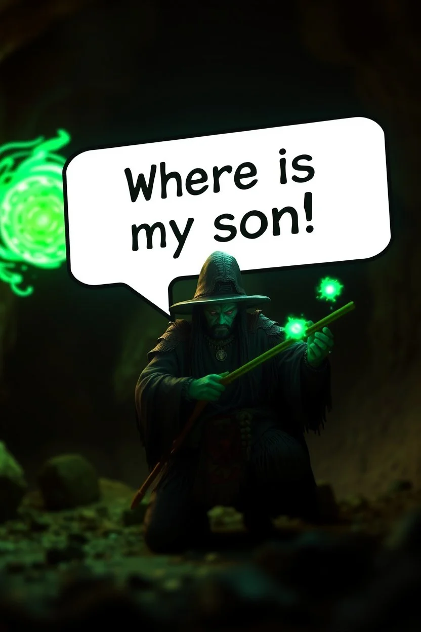 speech bubble in front with weird font saying "Where is my son!" Haraberget big fast killer glowing ball demi-lich in background, magic swirl, strong winds, true grit, reggae rasta native stand off fast draw poncho cowboy wizard on knees hurt punching green and blue fire ball whip while taking sight wand slinger, in dark cave ,bokeh like f/0.8, tilt-shift lens 8k, high detail, smooth render, down-light, unreal engine