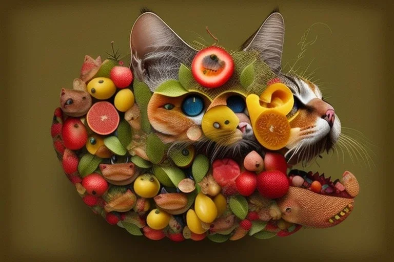 Cat head made of fruits fish mouses. Giuseppe Arcimboldo