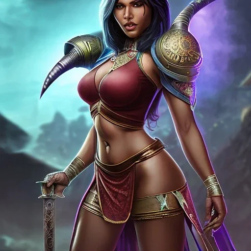 Full body, fantasy setting, heroic fantasy, woman, dark skin, Indian, 20 years old, half-hawk haircut, magician, warrior, hourglass body shape, bicolor hair, muscular, cinematic, Arabian clothes